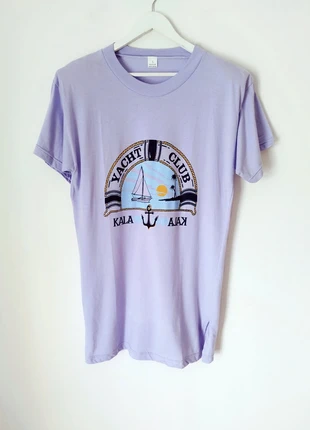 Lilac navy blue yellow graphic t-shirt dress oversized 90s vintage nautical 100% cotton Yacht club, marca: Vintage Dressing, estado: Muito bom, tamanho: L / 40 / 12, €10.00, €11.20 inclui Proteção do Comprador
