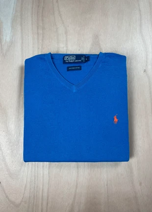 Pull col v Ralph Lauren bleu manches longues logo brodé taille L, marca: Ralph Lauren, estado: Muito bom, tamanho: L / 40 / 12, €25.00, €26.95 inclui Proteção do Comprador Pro