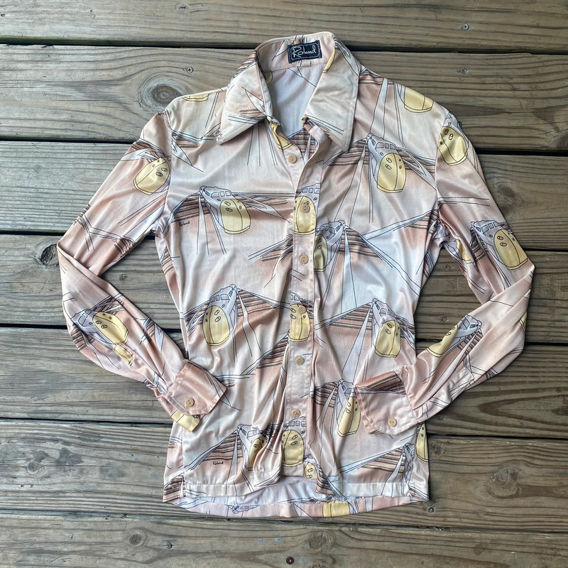 VTG 1970s Men’s Roland Train Print Disco Shirt 1