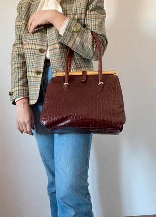 Borsa vintage marrone in vera pelle con stampa pitonata modello a trapezio metalleria oro, merk: Vintage Dressing, staat: Heel goed, € 40,00, € 42,70 inclusief Kopersbescherming