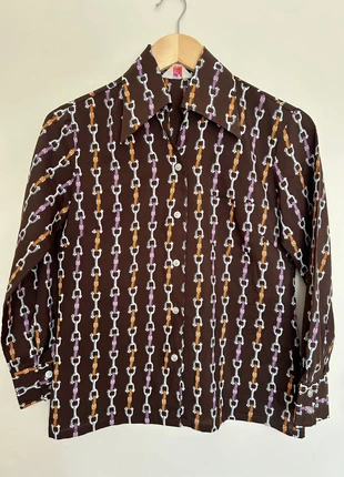 Vintage 1970s Brown Cropped Shirt with lilac and orange design, brand: Vintage Dressing, condition: Very good, size: M / 10, £6.00, £7.00 includes Buyer Protection