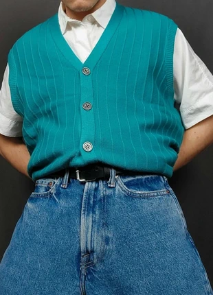 Cardigan / Gilet sans Manches Vintage 80s en Maille Unie Bleu / Vert Turquoise (L), marca: Vintage Dressing, estado: Muito bom, tamanho: L, €21.00, €22.75 inclui Proteção do Comprador Pro