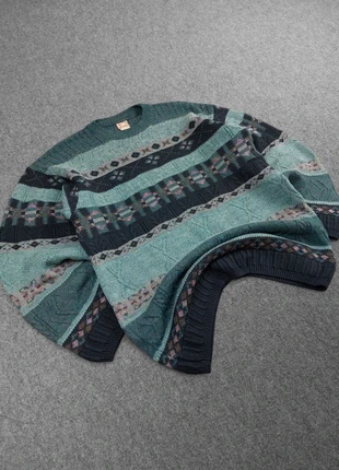 Pull Ethnic Vintage 80s en Maille Bleu Turquoise / Multicolore à Motifs Reliefs et Imprimé (L), marque: Vintage Dressing, état: Très bon état, taille: L, 34,00 €, 36,40 € Protection acheteurs (Pro) incluse