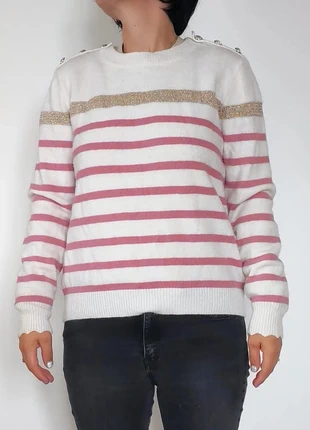 Pull marinière Tissaia rayé blanc/rose détail doré – Taille M, merk: Tissaia, staat: Heel goed, maat: M, € 6,00, € 7,00 inclusief Kopersbescherming
