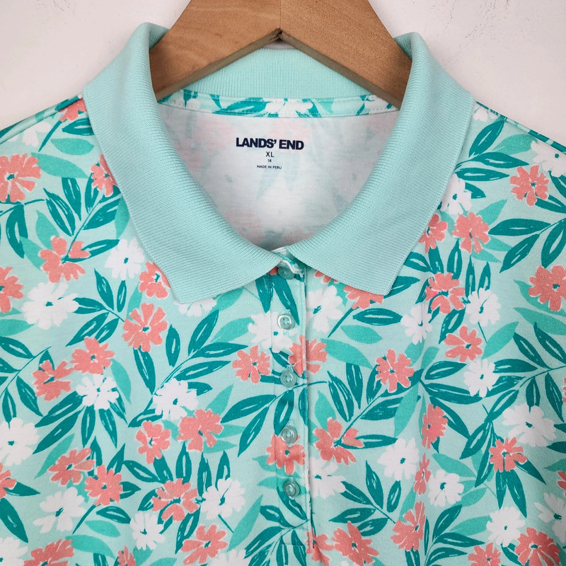 Lands End Polo Teal Coral Floral Collar Stretch Short Sleeve Top T-Shirt Size XL 4