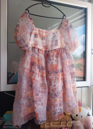 Pastelkleurige jurk met pofmouwtjes, marca: Shein, estado: Novo sem etiquetas, tamanho: XL / 42 / 14, €3.00, €3.85 inclui Proteção do Comprador