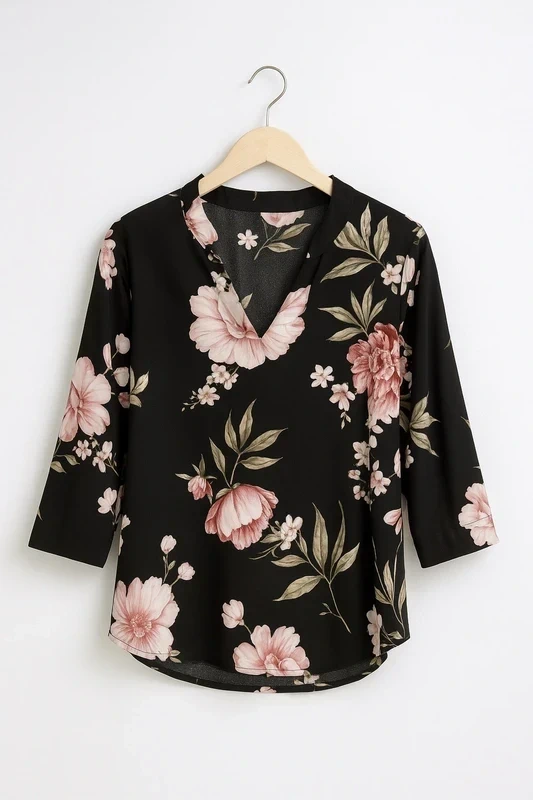 Très jolie blouse de la marque New Collection, au motif floral rose clair sur fond noir - photo numéro 2