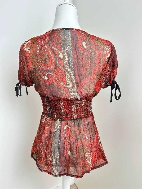 Haut blouse bohème transparent vintage Y2K à motifs rouges et noirs taille M - photo numéro 2