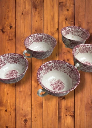 🌟 Antique La Cartuja de Sevilla Oriental Rosa Consommé  Cups Set of 5 Vintage Transferware Tea Mugs, marque: la CARTUJA, état: Satisfaisant, 10,00 €, 11,20 € Protection acheteurs incluse