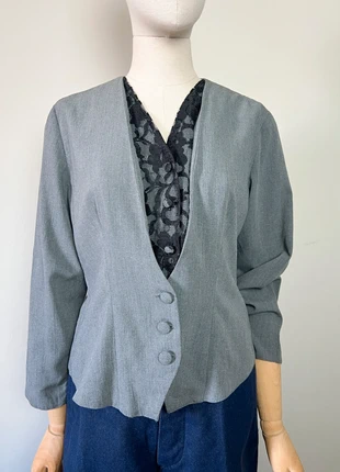 Blouse-veste vintage New Fast (C&A) grise, dentelle noire, années 90, T. 36/38, merk: New Fast, staat: Goed, maat: M / 38 / 10, € 9,00, € 10,15 inclusief Kopersbescherming Pro