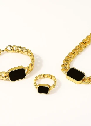 Set bijoux dorés 3 pièces 🖤 collier, bracelet & bague avec pierre noire – style géométrique chic, condition: New without tags, €5.00, €5.95 includes Buyer Protection