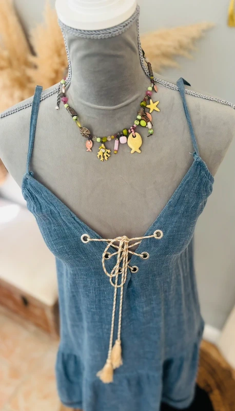 Robe été bleue coton et lin taille unique - photo numéro 2