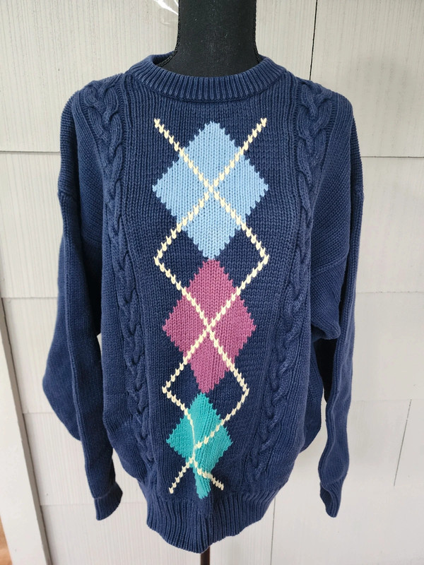 Vintage Eddie Bauer Argyle Sweater Crew Neck  Blue 100% Cotton Mens L Pullover 1