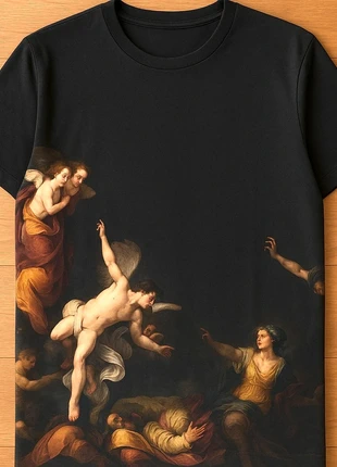 Maglietta nera unisex con stampa angeli barocca artistica, merk: ASOS, staat: Heel goed, maat: S, € 3,50, € 4,38 inclusief Kopersbescherming