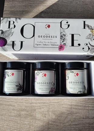 Coffret 3 bougies : figuier / sakura / tubéreuse, marque: GEODESIS, état: Neuf avec étiquette, 26,00 €, 28,00 € Protection acheteurs incluse