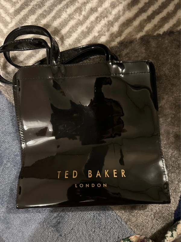 Brand new ted baker small black patent tote bag with white bow