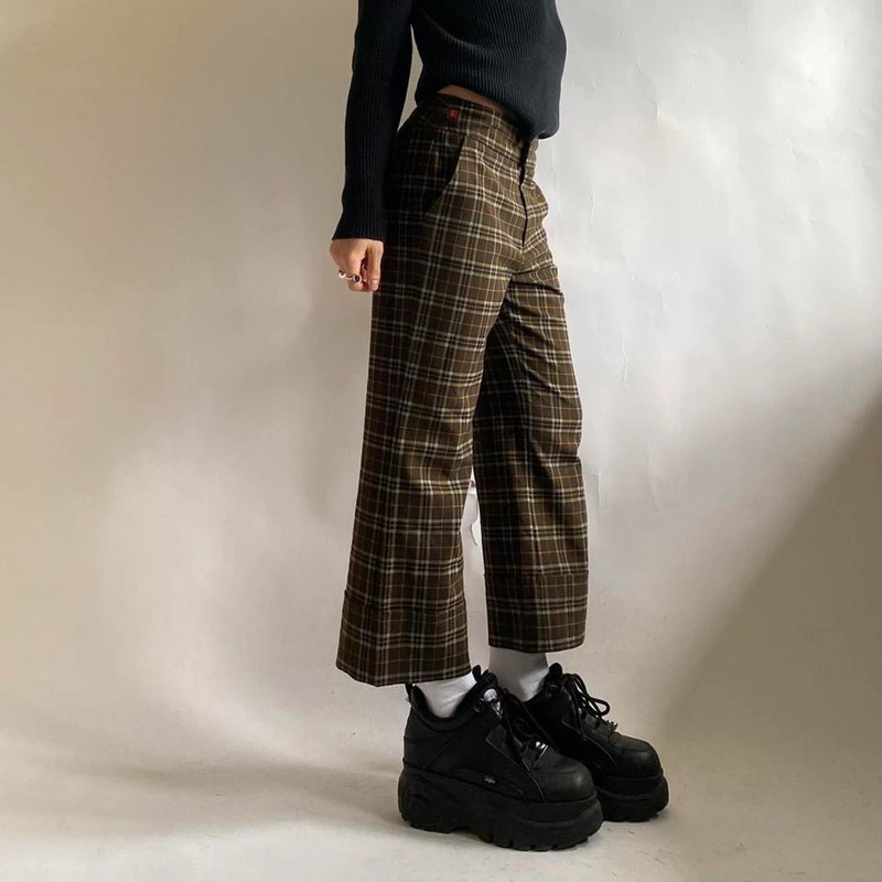 Vintažinės ( vintage brown/khaki checkered flared pants/trousers) languotos kelnės 5