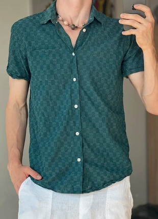 AJW85 Teal Striped Short-Sleeve Shirt – Size M, marke: ACW85, zustand: Neu, größe: M, 12,00 €, 12,80 € inklusive Vinted-Käuferschutz