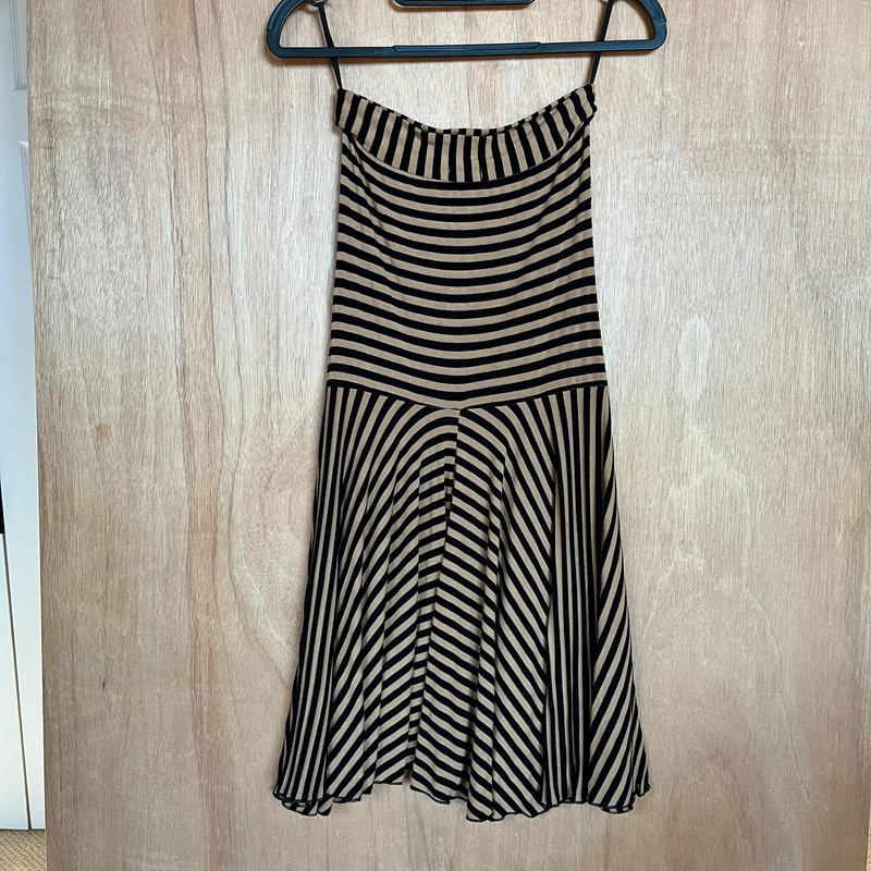 Lucy Love Black/Tan Striped Strapless Soft Knit Asymmetric Hem Sundress Small S 2