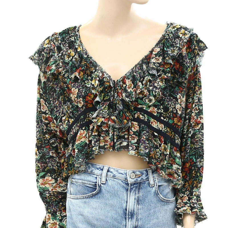 Free People Rudi Floral Printed Ruffle Cropped Top Blouse Bohemian S NWT 253188 2