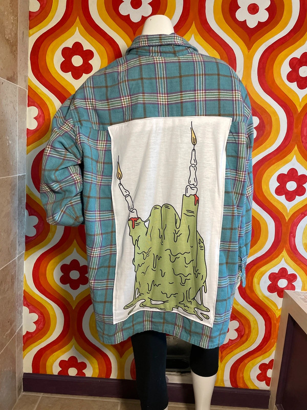 handmade reworked zombie hand candle flannel 1