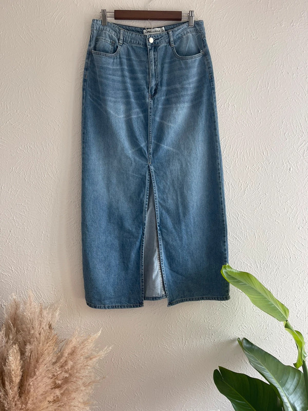 Rebecca Mincoff Split Front Washed Blue Denim Skirt Size 6 1