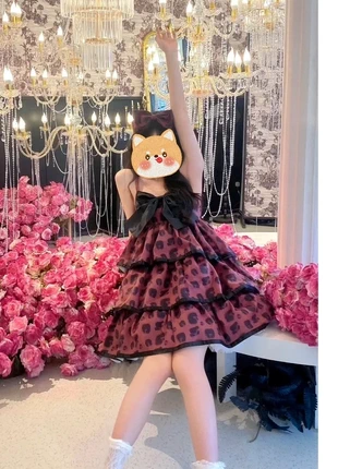 Dark Elegance Leopard JSK – Gothic Lolita Dress with Big Satin Bow & Tiered Skirt, marque: Lolita, état: Très bon état, taille: M / 38 / 10, 43,88 €, 46,77 € Protection acheteurs incluse