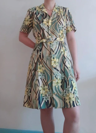 robe vintage à épaulettes motif floral nature vert et jaune avec ceinture, marque: Gévana, état: Très bon état, taille: XL / 42 / 14, 12,00 €, 13,30 € Protection acheteurs incluse