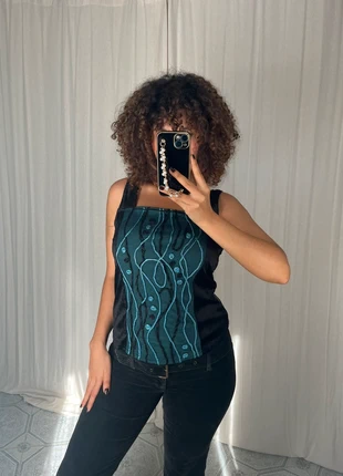 Top velours corset stretchy médiéval whimsygoth milkmaid bleu et noir vintage Y2K, brand: Vintage Dressing, condition: Very good, size: XL / 42 / 14, €30.00, €32.20 includes Buyer Protection Pro