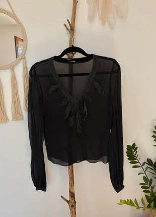 Blouse Cacharel en soie et cuir d’agneau – noire transparente, marque: Cacharel, état: Très bon état, taille: XS / 34 / 6, 10,00 €, 11,20 € Protection acheteurs incluse