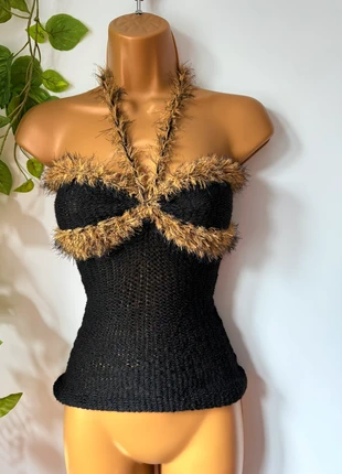 Handmade Y2K Black Knit Halter Top with Fluffy Detailing XS, condition: New without tags, size: XS / 6, £21.90, £23.70 includes Buyer Protection Pro
