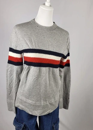 Pull Tommy Hilfiger gris rayé tricolore logo brodé homme/femme T M, brand: Tommy Hilfiger, condition: Very good, size: M / 38 / 10, €17.00, €18.55 includes Buyer Protection Pro