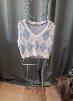 Pull sans manches à carreaux bleu et blanc., brand: Cache Cache, condition: Very good, size: S, €2.00, €2.80 includes Buyer Protection