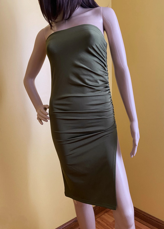 Olive green bodycon ruched strapless tube dress 5