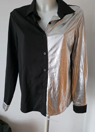 Chemisier/blouse bicolore noir et argent satin original, merk: Boutique indépendante, staat: Nieuw zonder prijskaartje, maat: M / 38 / 10, € 12,00, € 13,30 inclusief Kopersbescherming