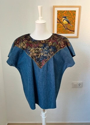 Blusa vaquera denim vintage retro estilo western con detalle bordado ochentero - años 80s, marca: Vintage Dressing, estado: Muito bom, tamanho: L / 40 / 12, €27.90, €30.00 inclui Proteção do Comprador