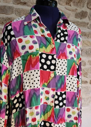 Chemisier vintage Nafta-Line – imprimé coloré années 80/90 – oversize unisexe, brand: Vintage Dressing, condizioni: Ottime, taglia: L / IT 44 / EU 40, €25.00, €26.95 include la Protezione acquisti