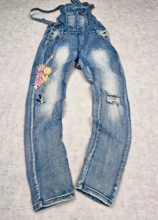 Salopette en Jean Bleu Marine délavé Blanc Taille S Broderie fleurs, merk: Vintage Dressing, staat: Heel goed, maat: S / 36 / 8, € 19,90, € 21,60 inclusief Kopersbescherming Pro