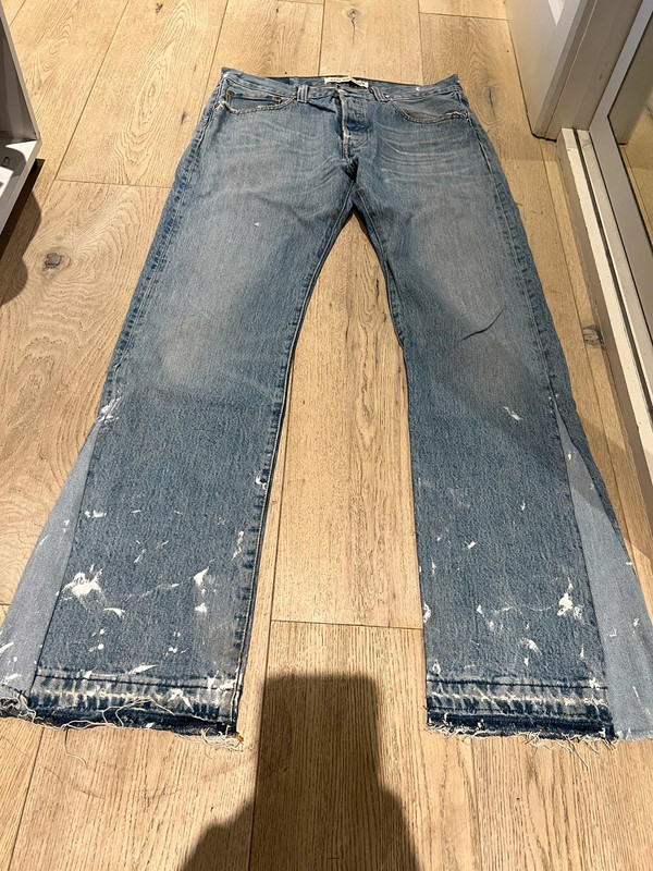 Custom made Washed Light Blue Levi s jeans with flare at the bottom. Size 34 36x46