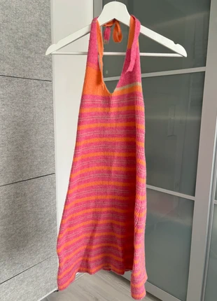 Zomerse Halterjurk | Oranje-Roze Strepen | Open Rug, merk: 8birdies, staat: Heel goed, maat: S / 36 / 8, € 8,00, € 9,10 inclusief Kopersbescherming