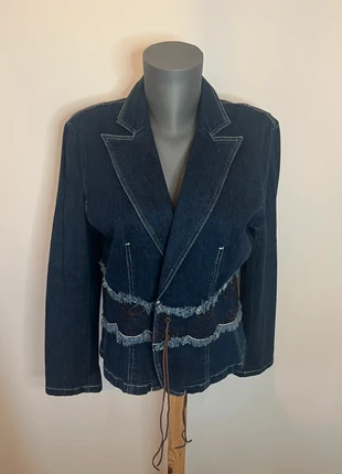Veste en jean Julie Guerlande T46 – style blazer court avec détails marron et bleu clair, marke: Julie Guerlande, zustand: Sehr gut, größe: XXXL / 46 / 18, 16,56 €, 18,09 € beinhaltet Vinted-Käuferschutz Pro