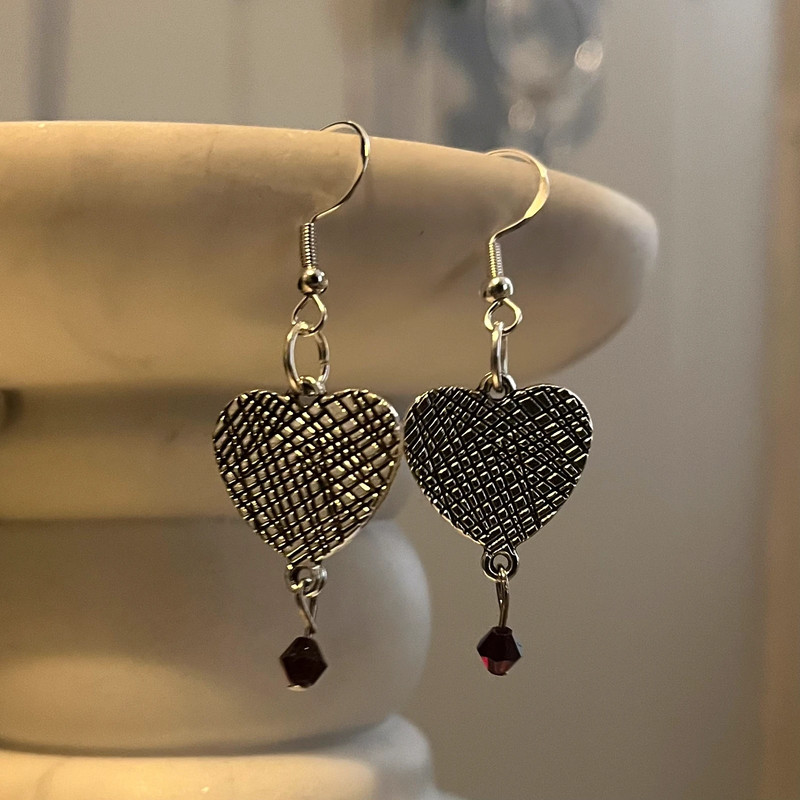handmade coquette whimsigoth silver heart and red garnet bead fish hook  dangle earrings