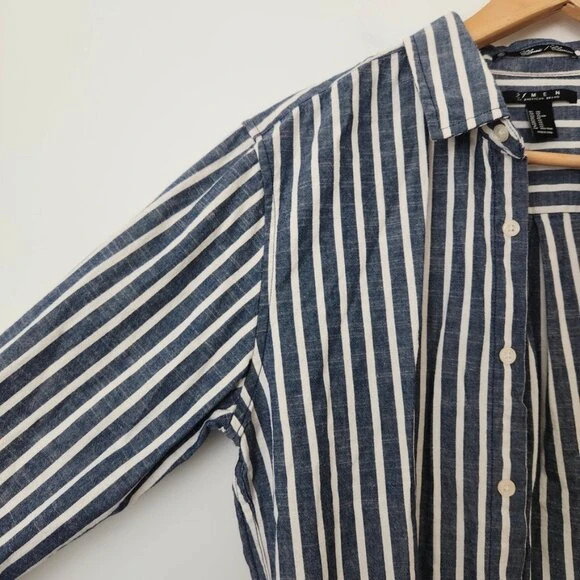 Forever 21 Men's Striped Button Down Shirt Blue White Cotton Linen Look XS 5