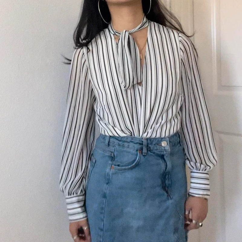 White House Black Market Striped Tie Blouse 2