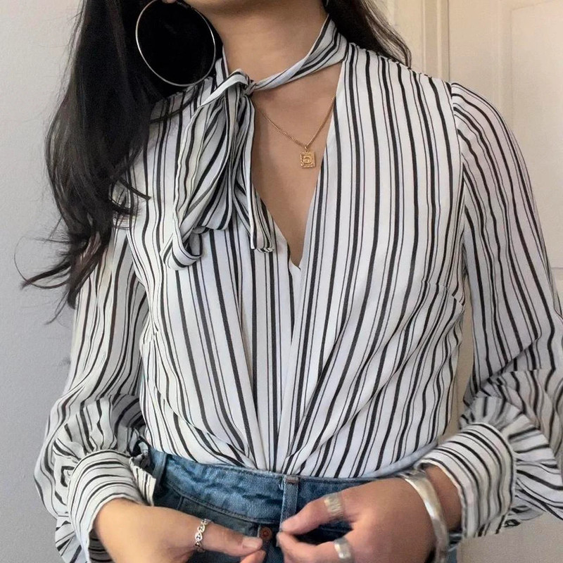 White House Black Market Striped Tie Blouse 1