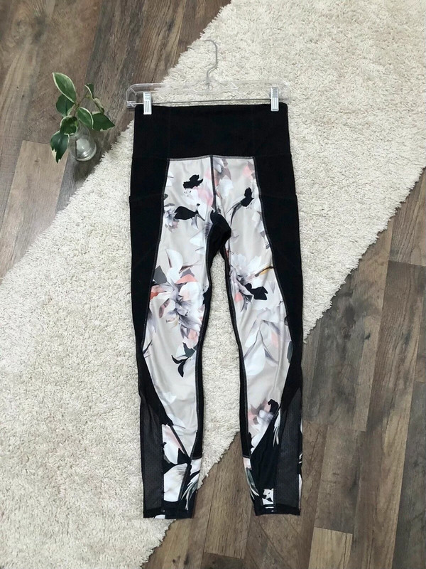 Athleta Size Small Black Floral Blossom Intuition Mesh Leggings 1