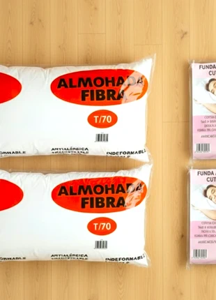 Pack2 Almohadas fibra tacto pluma 70 cm y 2 Fundas almohada cutí rayas 70 cm, marque: NO LABEL, état: Très bon état, 19,99 €, 21,69 € Protection acheteurs (Pro) incluse