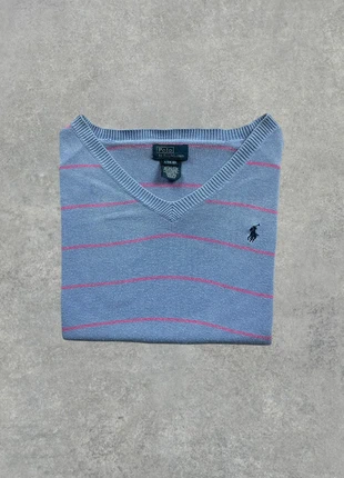 Pull/sweat col V Ralph Lauren bleu/rose/fuchsia en coton manches longues logo brodé taille S, merk: Ralph Lauren, staat: Heel goed, maat: S / 36 / 8, € 22,00, € 23,80 inclusief Kopersbescherming Pro