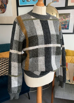 Vintage fluffy knitted crew neck grey & mustard yellow plaid checked wooly jumper, condition: Very good, size: S, £12.00, £13.30 includes Buyer Protection