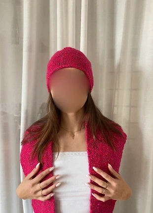 Magnifique ensemble bonnet écharpe triangle tricotée à la main rose fuschia scintillante , brand: LAINE, condition: New without tags, size: One size, €20.00, €21.70 includes Buyer Protection